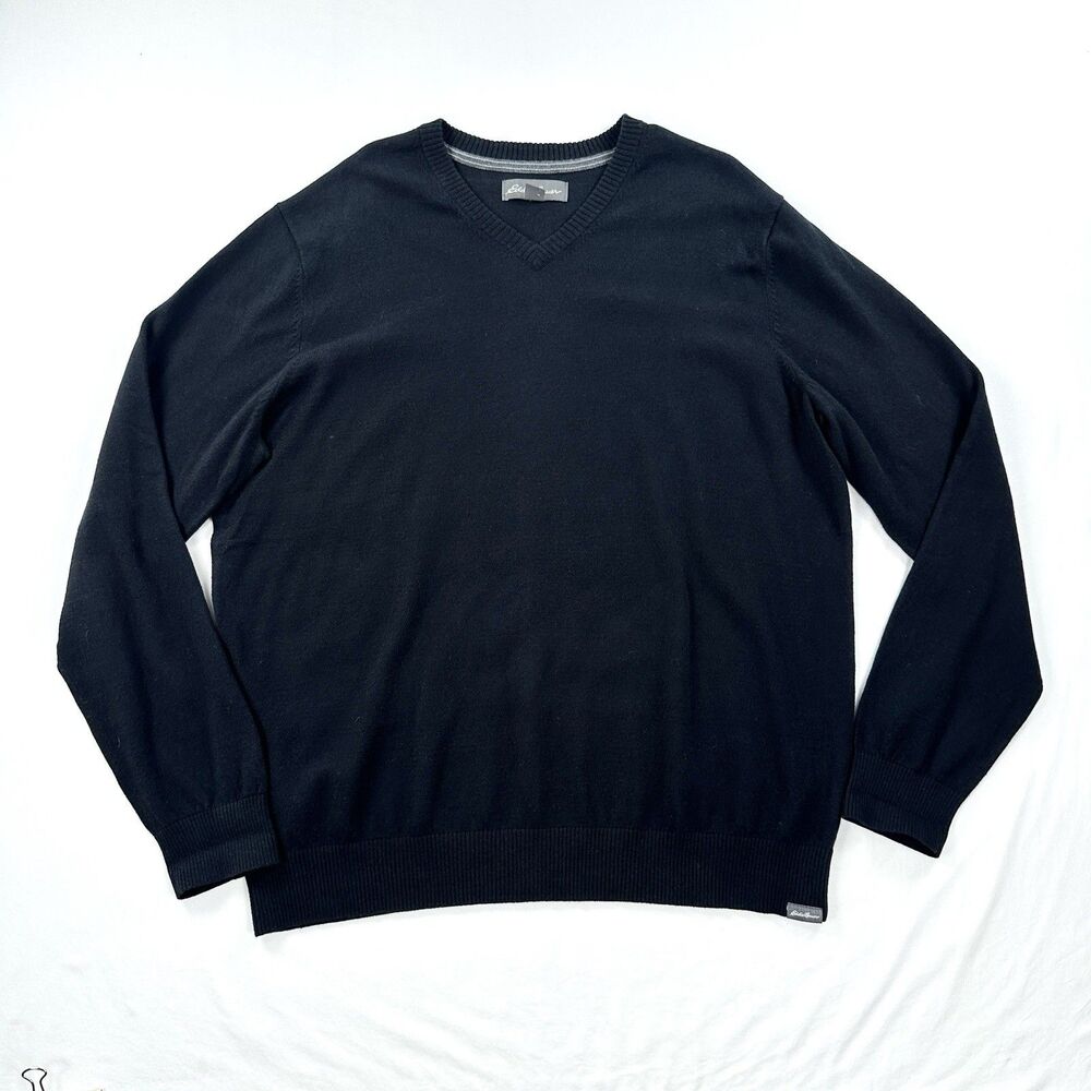 Eddie Bauer Cotton Wool Sweater Mens XL Black Knit V-Neck Classic Minimalist